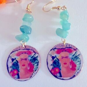 Earrings NWOT Frida Kahlo artisan Enamel on Copper Aventurine Stone 2.5” pierced